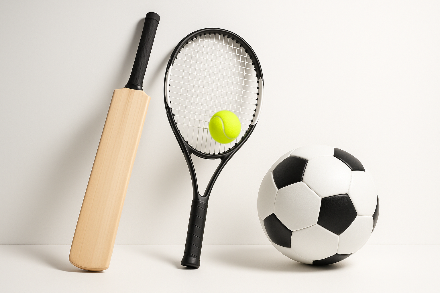 Sports equipment display with bat, tennis gear, and football